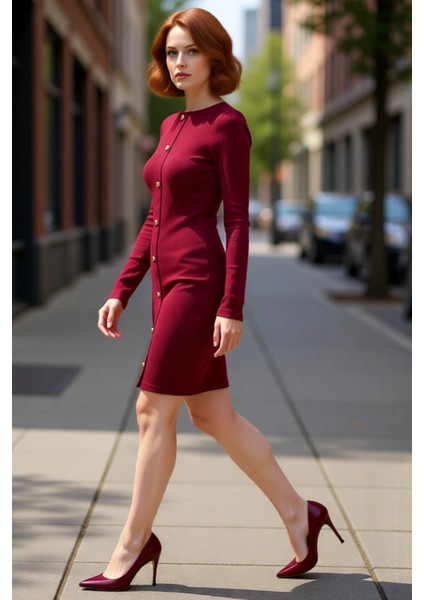 Kadın Uzun Kol Bodycon Kesim Düğmeli Fitilli Bisiklet Yaka Mini Elbise Modern Görünüm Kaliteli modelleri