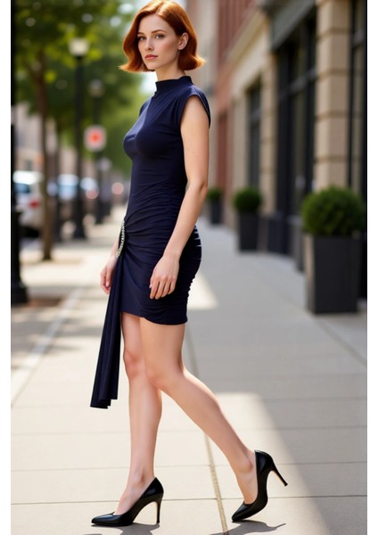 Kadın Fashion Forward Bodycon Bisiklet Yaka Kısa Kol Aksesuar Detaylı Mini Kokteyl Elbise Kaliteli modelleri