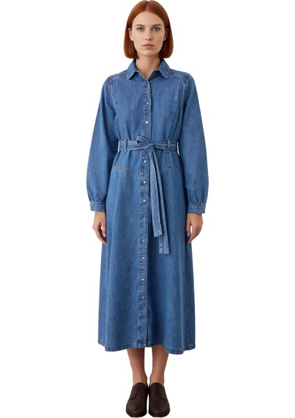 Kadınlar Için Mavi Gömlek Yaka A Line Kemerli Maxi Denim Elbise %100 Pamuklu Günlük Şıklık