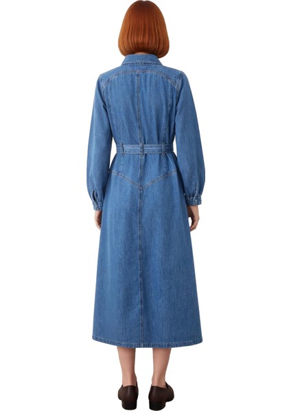 Kadınlar Için Mavi Gömlek Yaka A Line Kemerli Maxi Denim Elbise %100 Pamuklu Günlük Şıklık fiyatları