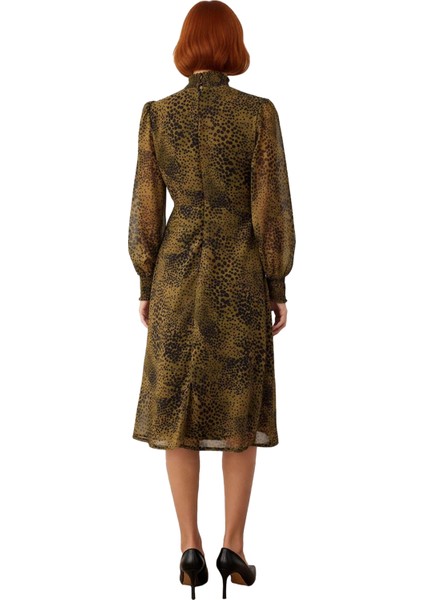 Şifon Dokuma Kadın Midi Elbise A Line Kesim Balon Kol Gipeli Tasarım Dik Yaka Animal Deseni fiyatları