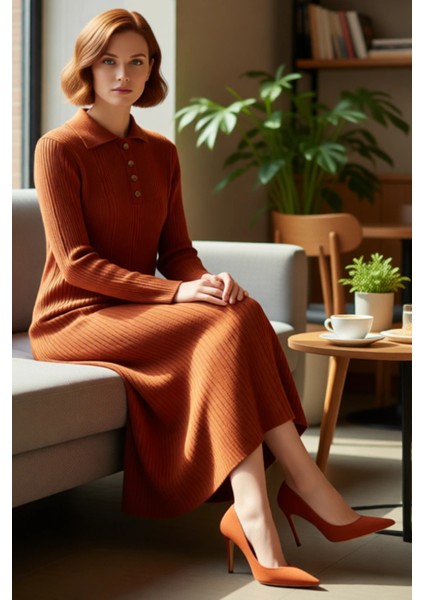 Kadın Uzun Kollu Polo Yaka Ribana Triko Elbise Maxi Boy Düz Desenli A Line Rahat Casual Kışlık Stil