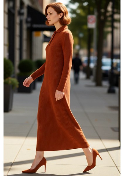 Kadın Uzun Kollu Polo Yaka Ribana Triko Elbise Maxi Boy Düz Desenli A Line Rahat Casual Kışlık Stil fırsatları