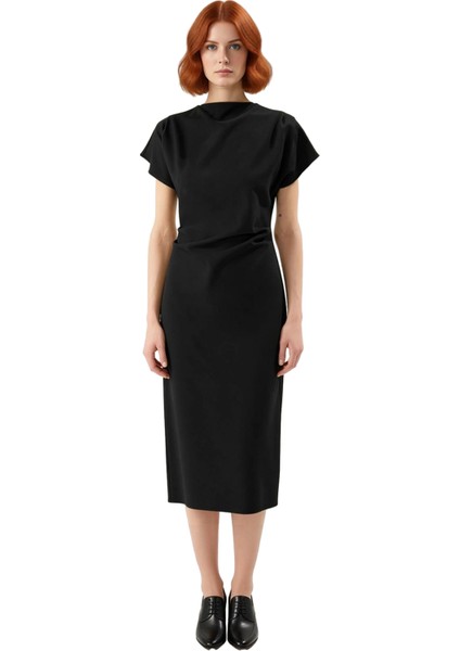 Kadınlar Için A Kesim Düz Desen Midi Elbise Düşük Kol ve Büzgü Detaylı Finike Dokuma Zarif