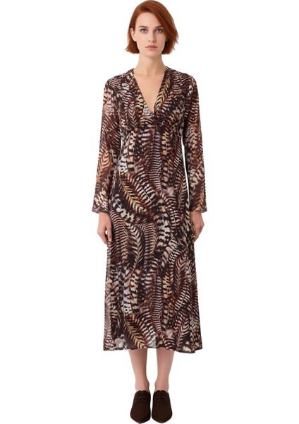 Kadın Kahverengi Maxi Elbise Tüy Desenli V Yaka Uzun Kol Astarlı Şifon Dokuma Gündüz Gece Kaliteli