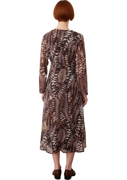 Kadın Kahverengi Maxi Elbise Tüy Desenli V Yaka Uzun Kol Astarlı Şifon Dokuma Gündüz Gece Kaliteli fiyatları