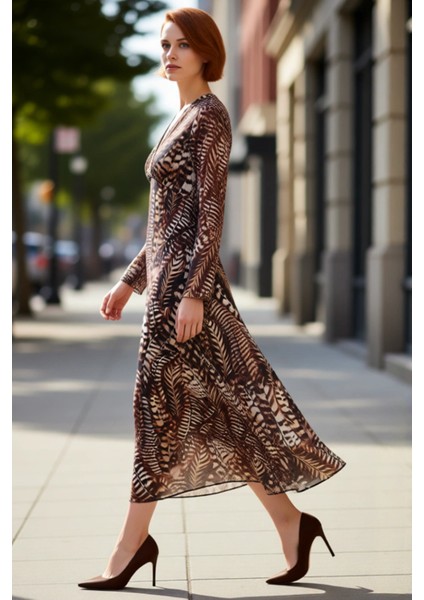 Kadın Kahverengi Maxi Elbise Tüy Desenli V Yaka Uzun Kol Astarlı Şifon Dokuma Gündüz Gece Kaliteli modelleri