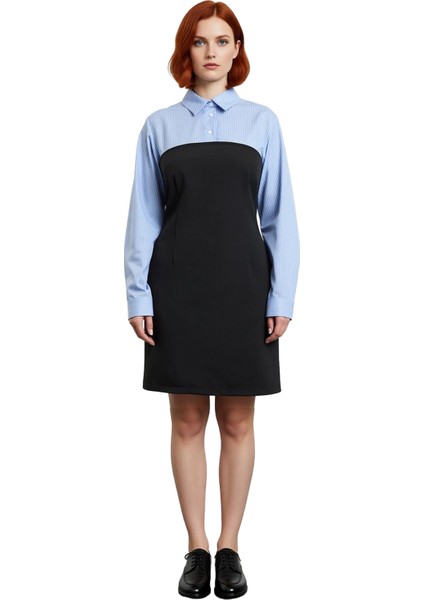 Kadın Bodycon Renk Bloklu Mini Elbise Gömlek Yaka Uzun Kol Iş ve Günlük Şıklığına Özel Tasarım modelleri