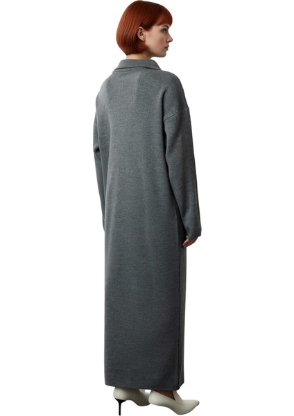 Kadın Gri Rahat Kesim Maxi Triko Elbise Fermuar Detaylı Dik Yaka Kışlık Günlük Stil Seçimi fiyatları