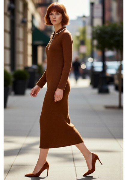 Kadın Biyeli Polo Yaka Triko Elbise Shift Kalıp Uzun Kollu Maxi Boy Kışlık Rahat ve Modern Bir Stil modelleri