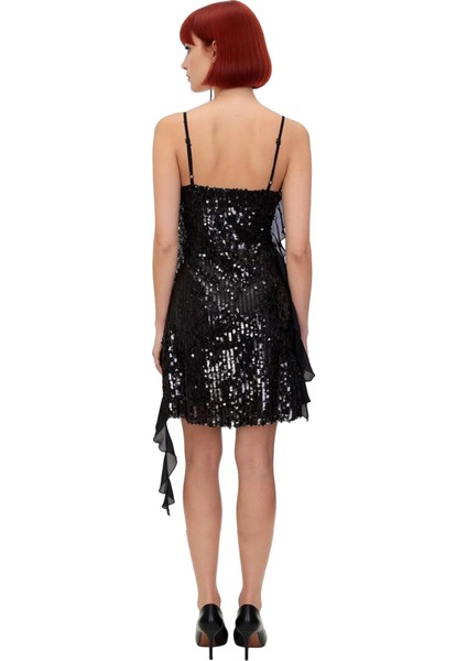 Kadın Gece Şıklığına Özel Degaje Yaka Fırfırlı Payet Astarlı Kısa Abiye Elbise Zarafeti Kaliteli modelleri