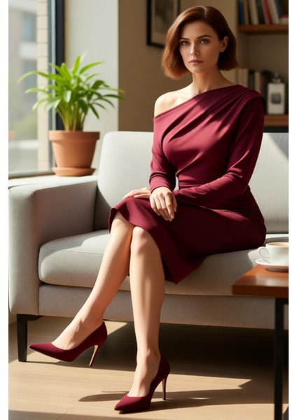 Şık Kadın Asimetrik Yaka Bodycon Kalıp Midi Boy Uzun Kollu Scuba Krep Örme Elbise Günlük ve Özel fırsatları