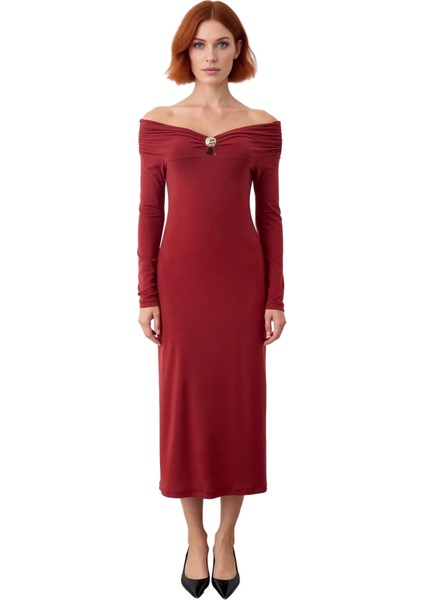 Kadın Bodycon Kesim Carmen Yaka Uzun Kollu Maxi Elbise Aksesuar Detaylı Örme Kış Modası Kaliteli