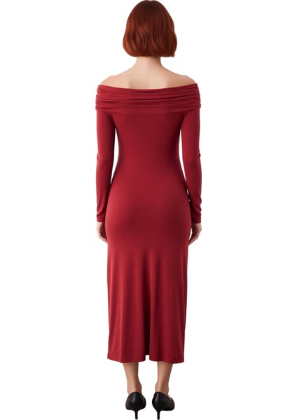 Kadın Bodycon Kesim Carmen Yaka Uzun Kollu Maxi Elbise Aksesuar Detaylı Örme Kış Modası Kaliteli fiyatları