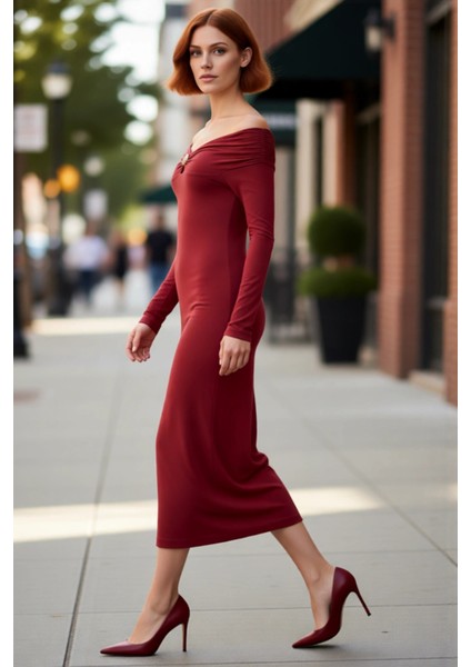 Kadın Bodycon Kesim Carmen Yaka Uzun Kollu Maxi Elbise Aksesuar Detaylı Örme Kış Modası Kaliteli modelleri