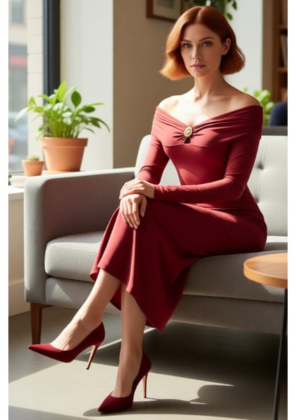 Kadın Bodycon Kesim Carmen Yaka Uzun Kollu Maxi Elbise Aksesuar Detaylı Örme Kış Modası Kaliteli fırsatları