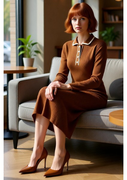 Kadın Biyeli Polo Yaka Triko Elbise Shift Kalıp Uzun Kollu Maxi Boy Kışlık Rahat ve Modern Bir Stil fırsatları