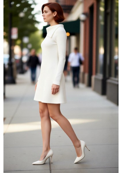 Kadın Ekru Balıkçı Yaka Midi Elbise 80 Pamuk 20 Polyester Karışımı Günlük Cool & Comfort Tarzı modelleri