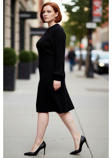 Kadın Oversize Selanik Dokuma Midi Boy Triko Elbise Örgü Detaylı Bisiklet Yaka Uzun Kollu Kış Stili modelleri