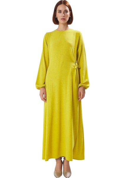 Kadın Beli Ip Bağlama Detaylı Uzun Balon Kol Aerobin Dokuma Maxi Shift Elbise Ilkbahar Sonbahar