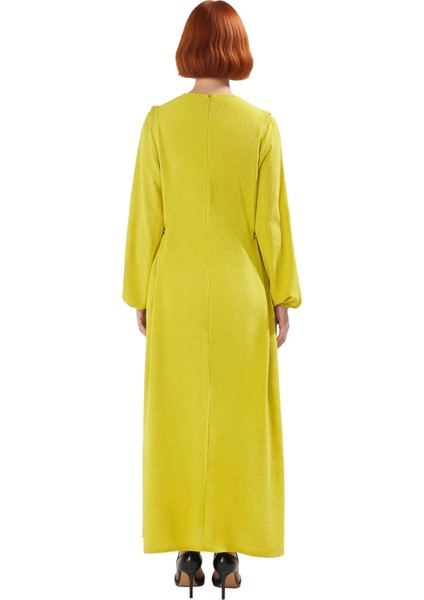 Kadın Beli Ip Bağlama Detaylı Uzun Balon Kol Aerobin Dokuma Maxi Shift Elbise Ilkbahar Sonbahar fiyatları