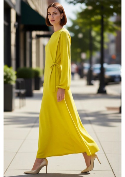 Kadın Beli Ip Bağlama Detaylı Uzun Balon Kol Aerobin Dokuma Maxi Shift Elbise Ilkbahar Sonbahar modelleri