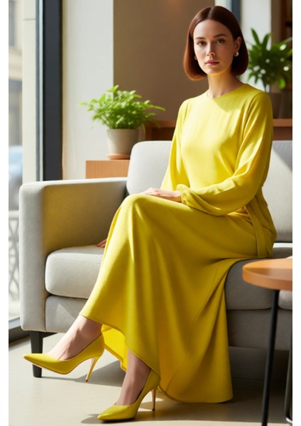 Kadın Beli Ip Bağlama Detaylı Uzun Balon Kol Aerobin Dokuma Maxi Shift Elbise Ilkbahar Sonbahar fırsatları