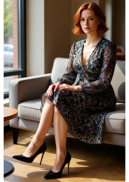 Kadın Kemerli Kruvaze Yaka Şifon Midi Elbise Balon Kol Detaylı Soyut Desen Skater Kalıp Kaliteli