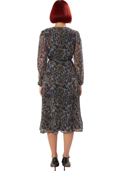 Kadın Kemerli Kruvaze Yaka Şifon Midi Elbise Balon Kol Detaylı Soyut Desen Skater Kalıp Kaliteli modelleri