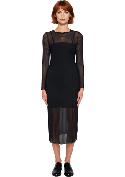 Kadın Bodycon Midi Elbise Astarlı Tül Kumaş Uzun Kollu Bisiklet Yaka Desenli Kışlık Şıklık