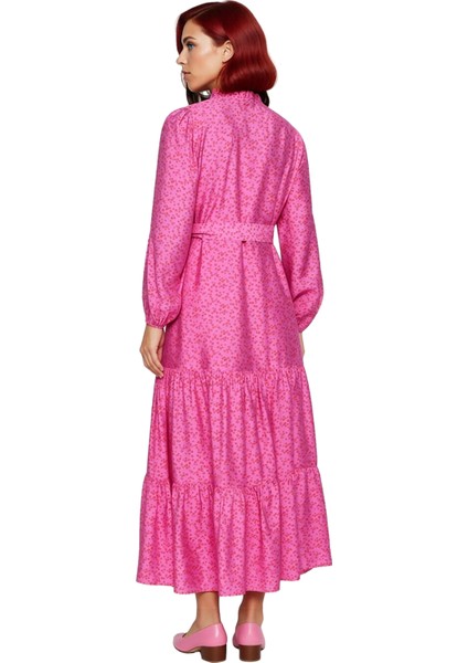 Kadın Yazlık Gömlek Yaka Uzun Kollu Çiçek Desenli Kuşaklı Astarlı Rahat Maxi Elbise Kaliteli modelleri