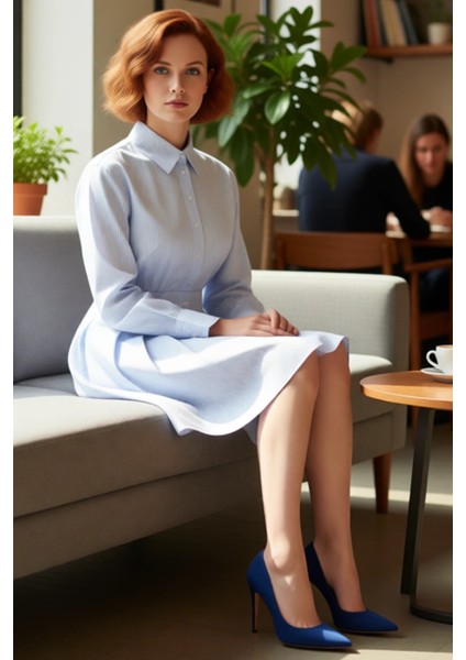 Kadın Ilkbahar Sonbahar Mavi Çizgili A Line Gömlek Elbise Midi Boy Rahat ve Şık Tasarım Kaliteli