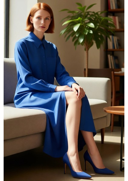 Kadın Casual Uzun Kol Düz Gömlek Yaka Maxi Boy Dokuma Elbise Modern ve Konforlu Tasarım Kaliteli