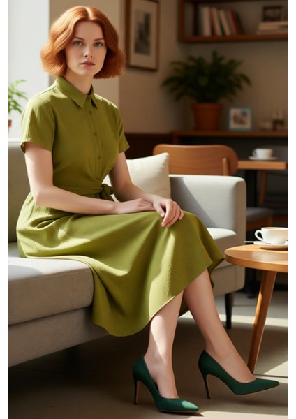 Kadın Gofre Dokuma Midi Boy Kısa Kollu Gömlek Elbise Modern Şıklık ve Rahatlık Sunar Kaliteli fiyatları