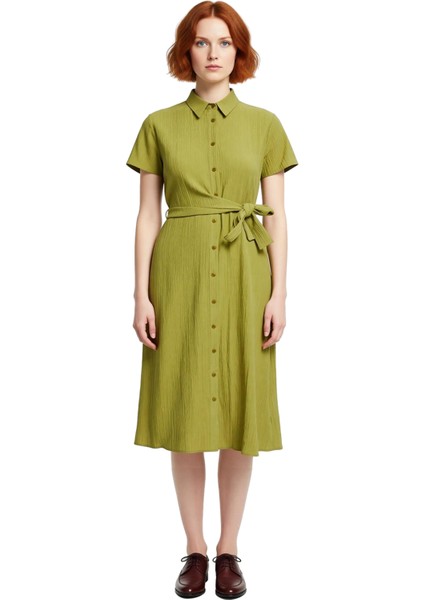 Kadın Gofre Dokuma Midi Boy Kısa Kollu Gömlek Elbise Modern Şıklık ve Rahatlık Sunar Kaliteli modelleri