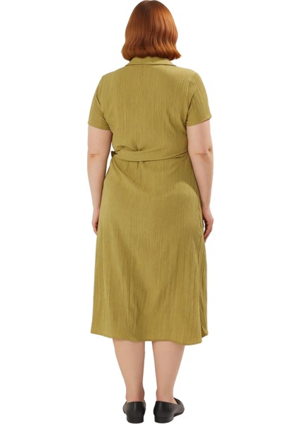 Kadın Gofre Dokuma Midi Boy Kısa Kollu Gömlek Elbise Modern Şıklık ve Rahatlık Sunar Kaliteli fırsatları