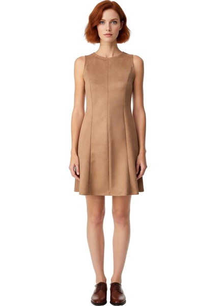 Kadın Nervür Detaylı Haki Rengi Düz Süet Dokuma Skater Kalıp Kolsuz Mini Elbise Kaliteli Şık