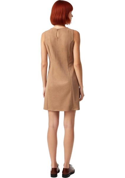 Kadın Nervür Detaylı Haki Rengi Düz Süet Dokuma Skater Kalıp Kolsuz Mini Elbise Kaliteli Şık fiyatları