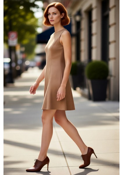 Kadın Nervür Detaylı Haki Rengi Düz Süet Dokuma Skater Kalıp Kolsuz Mini Elbise Kaliteli Şık modelleri