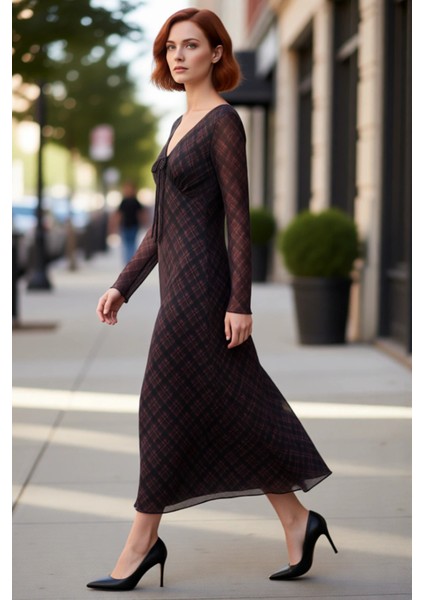 Kadın Ekose Desenli Bodycon Maxi Elbise V Yaka Uzun Kollu Tül Dokulu Bağlama Detaylı Kışlık Şıklık modelleri