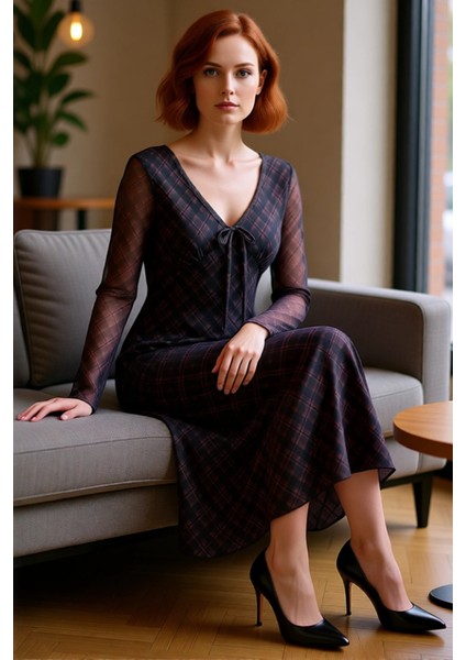 Kadın Ekose Desenli Bodycon Maxi Elbise V Yaka Uzun Kollu Tül Dokulu Bağlama Detaylı Kışlık Şıklık fırsatları