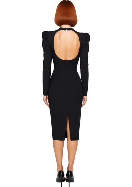 Kadın Uzun Balon Kol Bodycon Kesim Kalp Yaka Midi Abiye Elbise Şık Dokuma Gece Davetleri Için modelleri