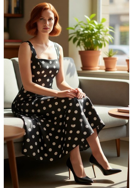 Kadın Abiye Kokteyl Elbisesi Skater Kalıp Kare Yaka Kalın Askılı Midi Dokuma Saten Şık Kaliteli