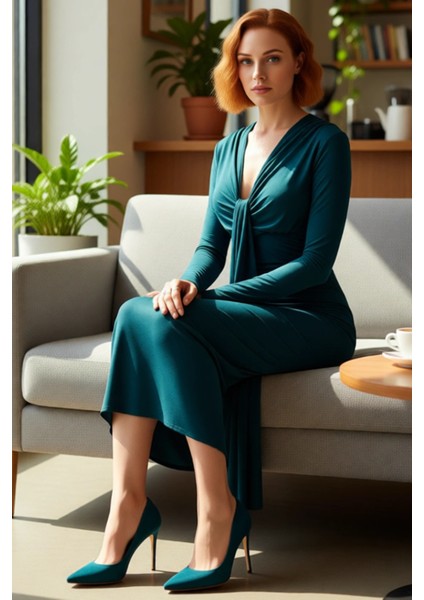 Kadın Fashion Forward Bodycon Maxi Elbise Düz V Yaka Uzun Kollu Büzgü Detaylı Kışlık Şıklık