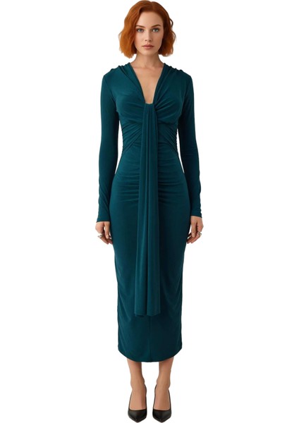 Kadın Fashion Forward Bodycon Maxi Elbise Düz V Yaka Uzun Kollu Büzgü Detaylı Kışlık Şıklık fiyatları