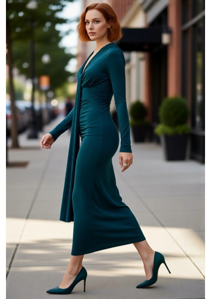 Kadın Fashion Forward Bodycon Maxi Elbise Düz V Yaka Uzun Kollu Büzgü Detaylı Kışlık Şıklık fırsatları