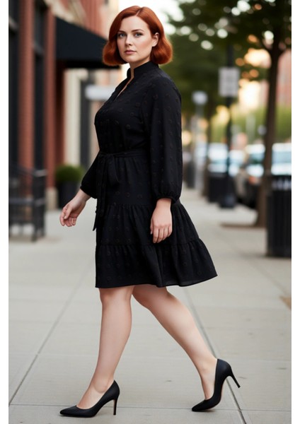 Kadın A Line Bordo Dokulu Kuşaklı V Yaka Mini Elbise Ilkbahar Sonbahar Için Şık Büyük Beden Seçenek.