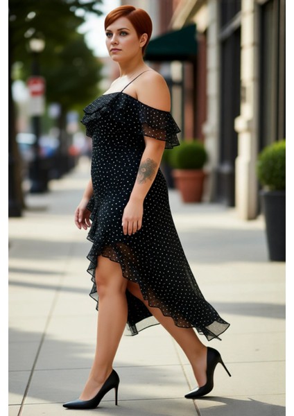 Kadın Puantiyeli Desenli A Line Kesim Kare Yaka Ince Askılı Fırfırlı Maxi Boy Elbise Yaz Stili