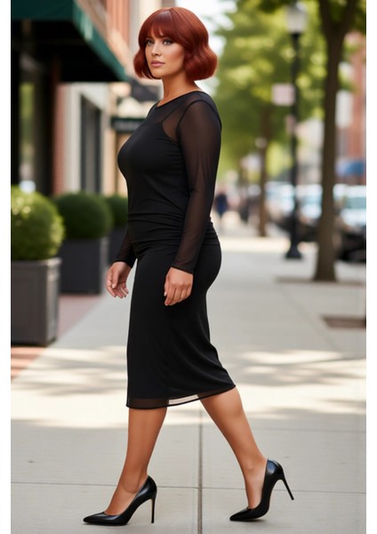 Kadınlara Özel Bodycon Fit Midi Elbise Tül Detaylı Uzun Kol Örme Kumaş Ilkbahar Sonbahar Şıklığı