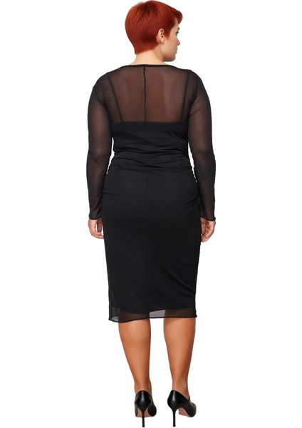 Kadınlara Özel Bodycon Fit Midi Elbise Tül Detaylı Uzun Kol Örme Kumaş Ilkbahar Sonbahar Şıklığı fırsatları